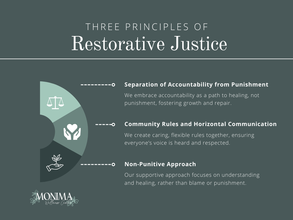 Separation of Accountability from Punishment We embrace accountability as a gentle path to healing, fostering growth and understanding. Community Rules and Horizontal Communication We create caring, flexible rules together, ensuring everyone’s voice is heard and respected. Non-Punitive Approach Our supportive approach focuses on understanding and healing, not blame or punishment.