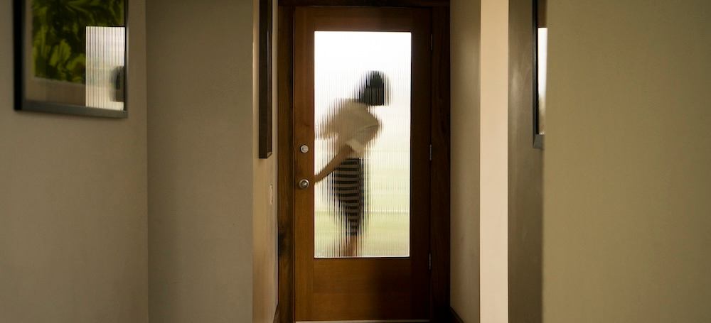 Silhouette of woman closing front door